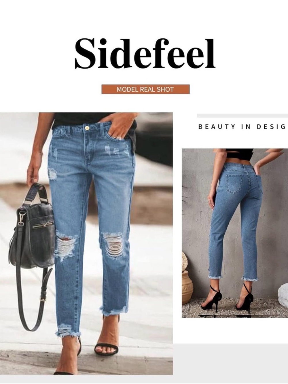 Sidefeel Women's Distressed Stretchy Blue Denim Jeans – Size 12